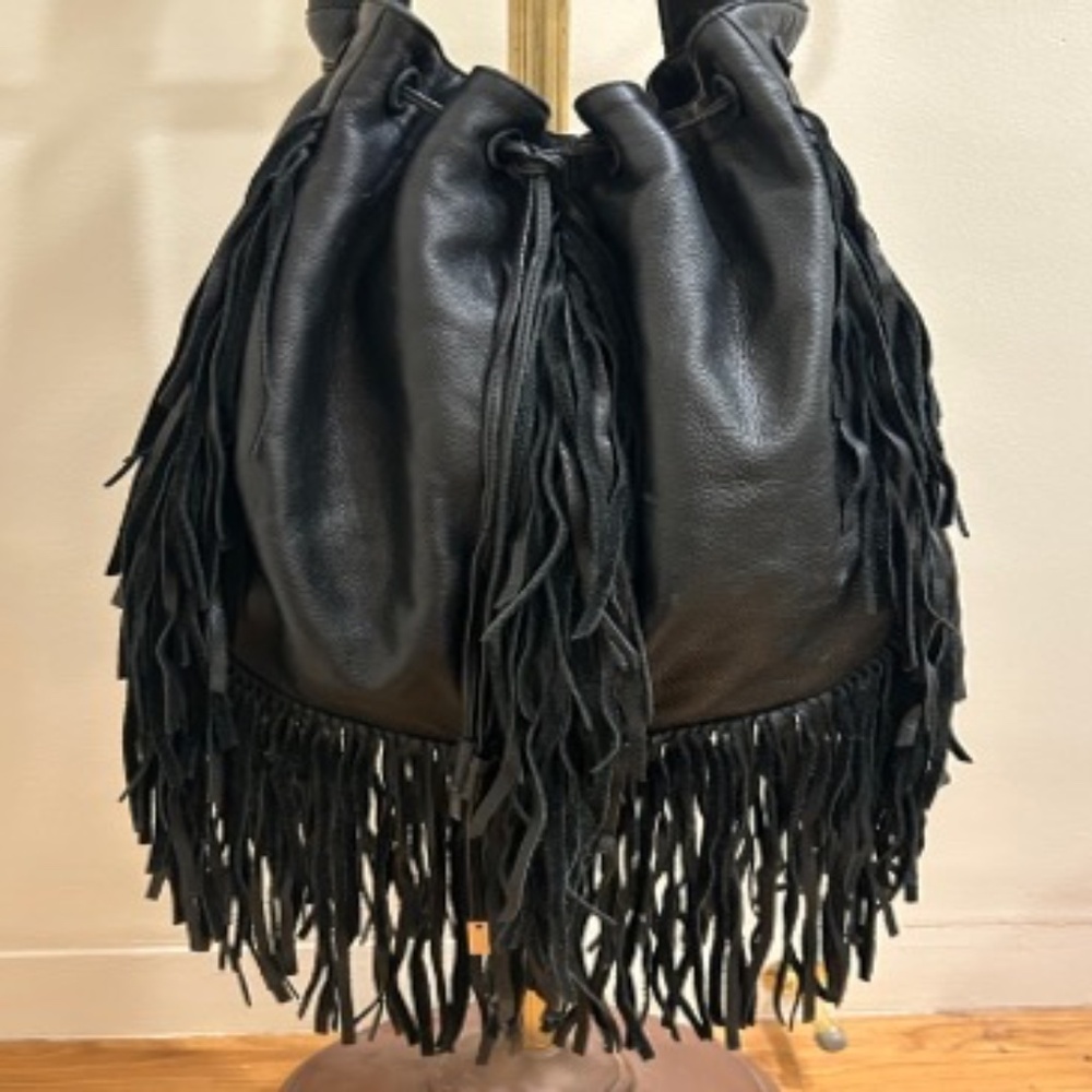 Black Leather Ralph Lauren Collection Fringe Bag